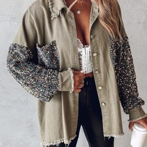 Contrast Sequin Raw Hem Shacket, Jackets & Coats, chicme - Women's Fashion Online
