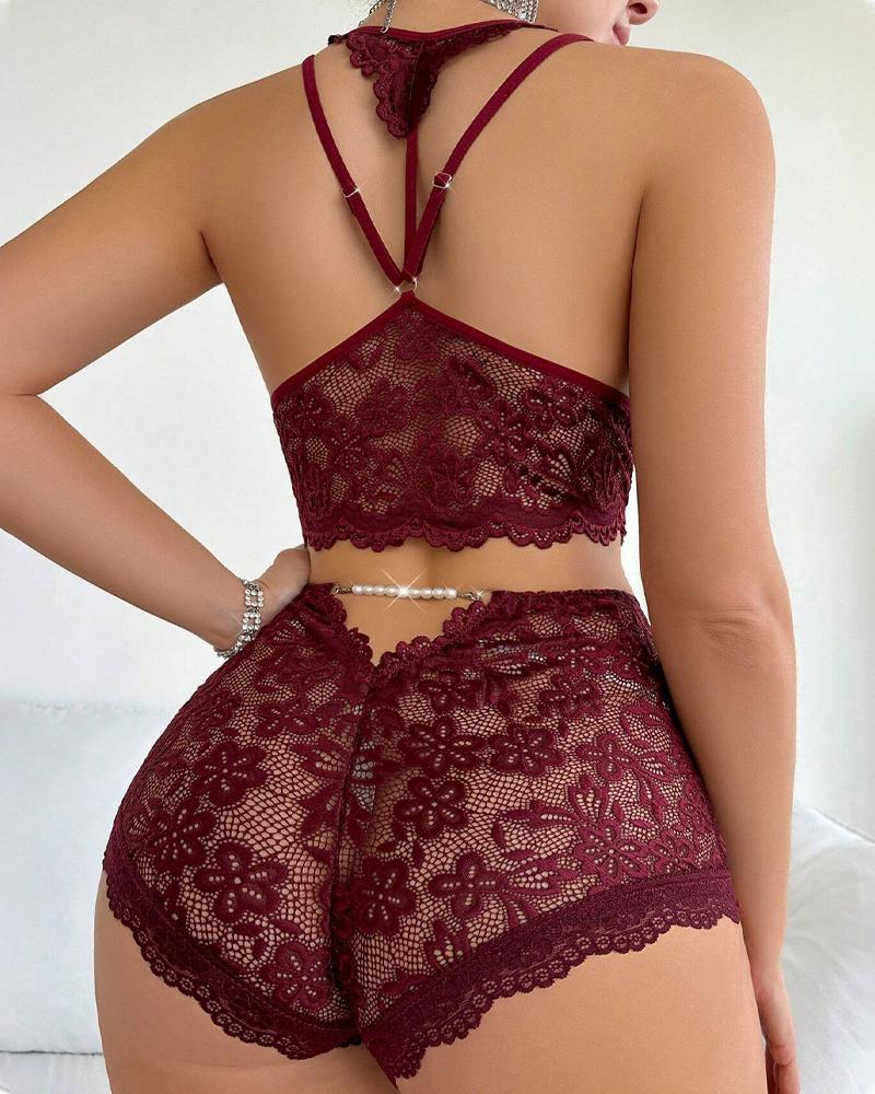 Contrast Lace Bowknot Pearls Chain Decor Lingerie Set, Bra Set, ChicMe catalog