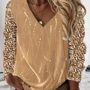 V Neck Long Sleeve Plain Glitter Regular Micro-Elasticity Loose Shirt For Women, Blouses, color:Khaki|size:3XL, Noracora