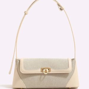 Canvas Paneled Baguette Bag Color-block Underarm Bag, Bags, color:Beige|size:One-size, Stylewe