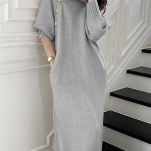 Long sleeve Loose Elegant Plain Midi Dress, Maxi Dresses, color:Gray|size:4XL, Stylewe