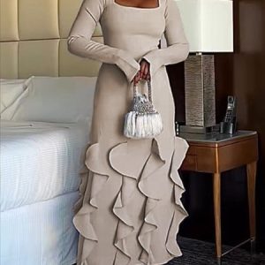 Long Sleeve Plain Elegant Tight Dress, Maxi Dresses, color:As Picture|size:XXL, Stylewe