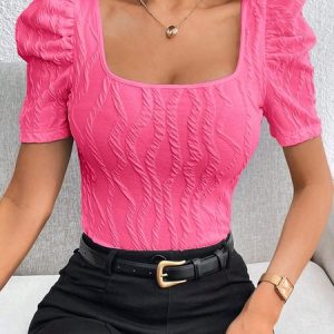 Square Neck Short Sleeve Plain Regular Micro-Elasticity Regular Fit Shirt For Women, Blouses, color:Rose Red|size:XXL, Noracora