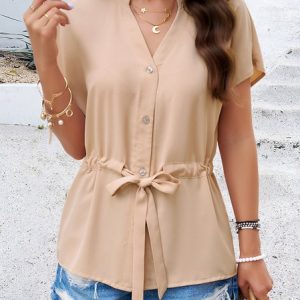 Loose Plain V Neck Casual Blouse, Blouses & Shirts, Roselinlin - Online Catalog