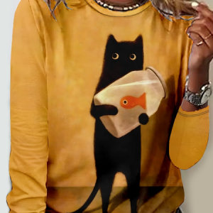Crew Neck Cat Casual Long Sleeve Shirt, Long sleeves, Lilicloth.com