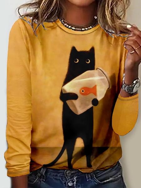 Crew Neck Cat Casual Long Sleeve Shirt, Long sleeves, Lilicloth.com