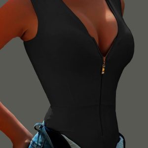 Zip Front V-Neck Sleeveless Bodysuit, women Bodysuit, ChicMe catalog