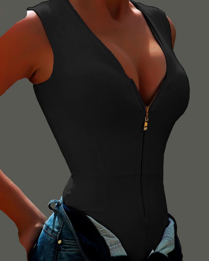 Zip Front V-Neck Sleeveless Bodysuit, women Bodysuit, ChicMe catalog