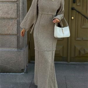 Loose Casual Crew Neck Sweater Dress, Maxi Dresses, color:Gray|size:XXL, Stylewe