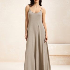 Women Plain Color Crew Neck Gallus Comfy Casual Maxi Dress, Dresses, color:Apricot|size:XXL, Noracora