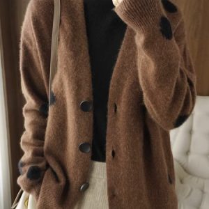 Regular Fit Urban Long Sleeve Polka Dots Cardigan, Cardigans, color:Brown|size:XXL, Stylewe