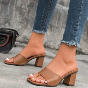 Minimalist Chunky Heel Flip-flop Mule Sandals, Slippers, color:Brown|size:42, Stylewe