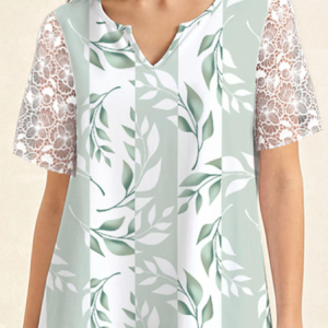 Women's Blouse Cotton Notched Short Sleeve Leaves Print Lace Loose Shirt, Blouses, color:Green|size:XXL, Noracora