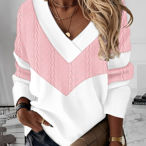 Casual V Neck Color Block Sweatshirt, Hoodies & Sweatshirts, color:Pink|size:XXL, Noracora