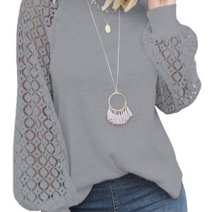 Crew Neck Long Sleeve Plain Lace Regular Micro-Elasticity Loose Shirt For Women, T-shirts, color:Gray|size:XXL, Noracora