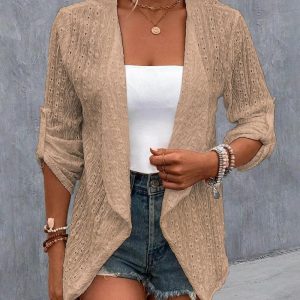 Eyelet Embroidery Roll Up Sleeve Open Front Coat, Jackets & Coats, chicme - Women's Fashion Online