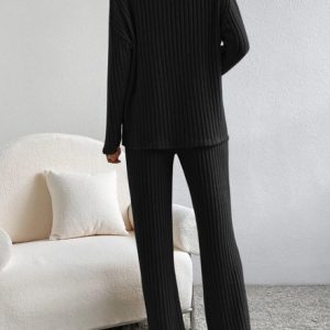 Women Plain V Neck Long Sleeve Comfy Casual Top With Pants Two-Piece Set, Sets, color:Black|size:XL, Noracora