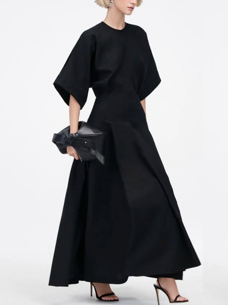 Elegant Crew Neck Urban Regular Fit Plain Maxi Dress, Maxi Dresses, color:Black|size:XXL, Stylewe