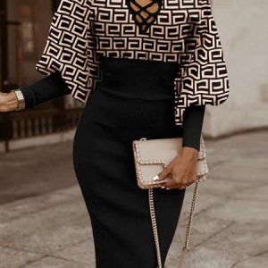 Geometric Elegant Long Sleeve Regular Fit Midi Dress, Midi Dresses, color:Black|size:XXL, Stylewe