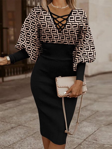 Geometric Elegant Long Sleeve Regular Fit Midi Dress, Midi Dresses, color:Black|size:XXL, Stylewe