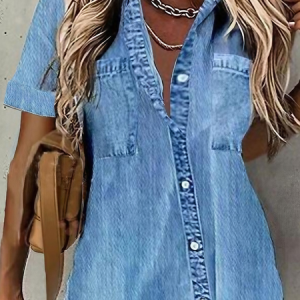 Shirt Collar Short Sleeve Plain Regular Loose Blouse For Women, Blouses, color:Blue|size:XXL, Noracora