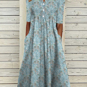 Women's Casual Floral Dress Short Sleeve Blue Dress Pocket V Neck Midi Dress, Midi, color:Purple|size:XXL, Noracora