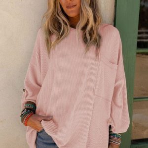 Casual Crew Neck Plain Sweatshirt, Hoodies & Sweatshirts, color:Pink|size:XXL, Noracora