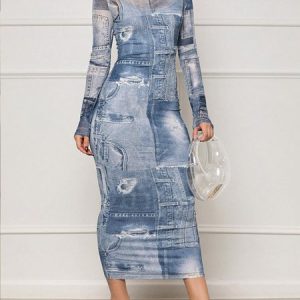 Plus Size Urban Crew Neck Regular Fit Abstract Print Dress, Plus Dresses, color:Blue|size:4X, Stylewe