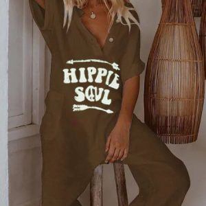Women Casual Short Sleeve Jumpsuit, Jumpsuits&Rompers, color:Brown|size:5XL, Noracora