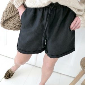 Plain Casual Linen Pants, Shorts, color:Black|size:3XL, Noracora