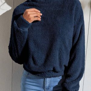 Casual Half Turtleneck Plain Sweatshirt, Hoodies & Sweatshirts, color:Navyblue|size:3XL, Noracora