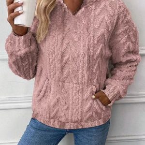 Women's Casual V Neck Ribbed Soft Sweatshirt, Hoodies & Sweatshirts, color:Pink|size:3XL, Noracora