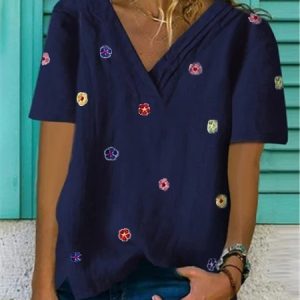 Short Sleeve V Neck T-shirt, T-shirts, color:Blue|size:XXL, Noracora