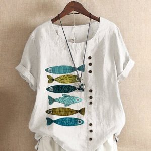 Short Sleeve Crew Neck Fish Print Tops, T-shirts, color:White|size:4XL, Noracora