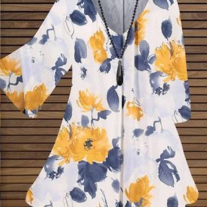 3/4 Sleeve V Neck Cotton Floral Printed Tops, Blouses, color:Yellow|size:XXL, Noracora