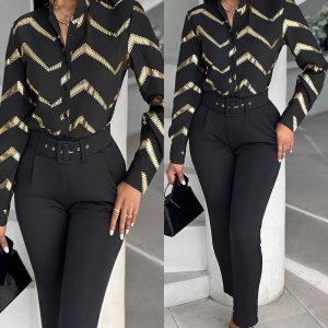 Bronzing Chevron Print Top & Pocket Design Pants Set, Two-piece Sets, chicme - Women's Fashion Online