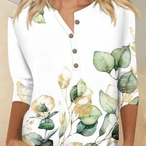 Loose Leaf Crew Neck Casual Shirt, Long sleeves, Lilicloth.com