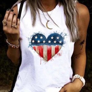 Round Neck Cotton Blends Printed Tank & Cami, Tanks & Camis, color:White|size:3XL, Noracora