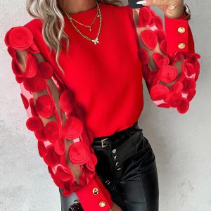 Floral Pattern Sheer Mesh Patchwork Top, Blouses & Shirts, chicme - Women's Fashion Online