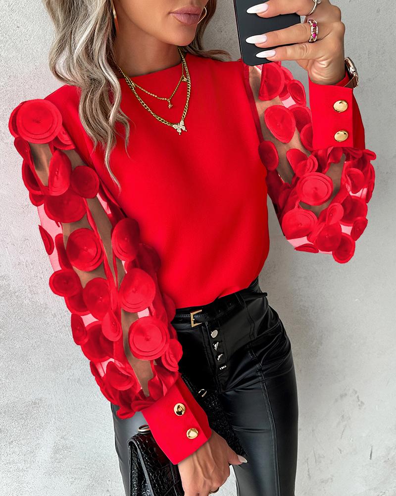 O-neck 3D Circle Appliques Sheer Mesh Long Sleeve Blouse Casual Hollow-out Back Top, women Blouses & Shirts, ChicMe catalog - Image 2