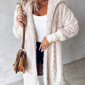 Fuzzy Textured Hooded Longline Fleece Coat, Jackets & Coats, chicme - Women's Fashion Online