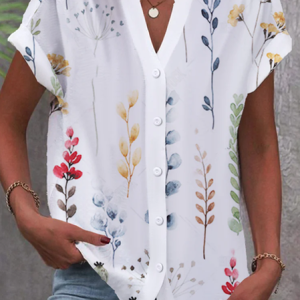 V Neck Short Sleeve Floral Regular Loose Blouse For Women, Blouses, color:White|size:XXL, Noracora