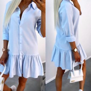 Long Sleeve Buttoned Ruffle Hem Shirt Dress, Shirt Dresses, chicme - Women's Fashion Online
