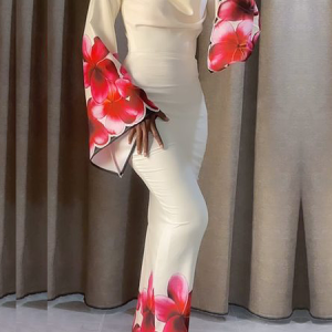 Regular Fit Others Elegant Long Sleeve Floral Maxi Dress, Maxi Dresses, color:White|size:XXL, Stylewe