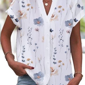 Women Shirt Buttoned Floral Loose Casual Blouse, Shirts, color:White|size:XXL, catalog Noracora shop