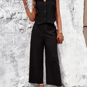 Women Plain V Neck Sleeveless Comfy Casual Top With Pants Two-Piece Set, Sets, color:Black|size:XL, Noracora