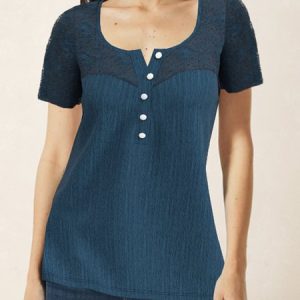 Crew Neck Short Sleeve Floral Lace Regular Micro-Elasticity Loose Shirt For Women, Blouses, color:Blue|size:XXL, Noracora