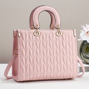 Women Commuting Chevron Quilted Tote Bag with Crossbody Strap, Bags, color:Pink|size:One-size, Stylewe