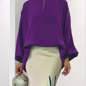Elegant Crew Neck  Plain Loose Long Sleeve  Shirt, Blouses and Shirts, color:Purple|size:XXL, Stylewe