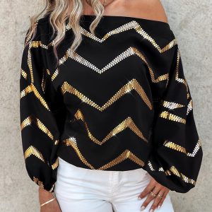 Bronzing Chevron Print Lantern Sleeve Top, T-shirt & Tees, chicme - Women's Fashion Online